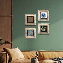 Pinecone Stone Nazar, Yaşam Çiçeği, Şahmeran Çerçeveli Taş Duvar Tablosu 4’lü Set - Dekoratif Modern Sanat, Ev ve Ofis Dekoru |TK4-494|