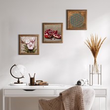 Pinecone Stone Yaşam Çiçeği, Kelebekli Çiçek, Nar Ahşap Çerçeveli Taş Duvar Tablosu 3’lü Set – 25x25 cm Dekoratif Modern Sanat – Ev ve Ofis Dekoru |W3-1281|