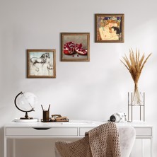 Pinecone Stone Gustav Klimt Anne Çocuk, Leonardo da Vinci At Heykeli, Nar Ahşap Çerçeveli Taş Duvar Tablosu 3’lü Set – 25x25 cm Dekoratif Modern Sanat – Ev ve Ofis Dekoru |W3-1289|