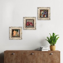 Pinecone Stone Picasso Ayna Karşısındaki Kız, İki Müzisyen Kız, Nar Çerçeveli Taş Duvar Tablosu 3’lü Set - Dekoratif Modern Sanat, Ev ve Ofis Dekoru |TK3-1515|