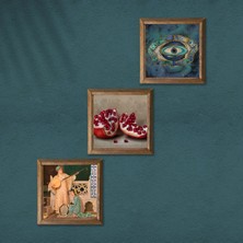 Pinecone Nazar, İki Müzisyen Kız Tablosu, Nar Taş Duvar Tablosu Ahşap Çerçeveli Duvar Dekoru 3 Parça Tablo Seti Wall Art W3-1493