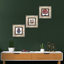 Pinecone Fatma Ana Eli (Hamsa), Şahmeran, Nar Ağacı Taş Duvar Tablosu Çerçeveli Duvar Dekoru 3 Parça Tablo Seti Wall Art T3-74