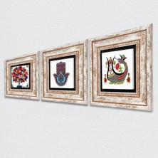Pinecone Fatma Ana Eli (Hamsa), Şahmeran, Nar Ağacı Taş Duvar Tablosu Çerçeveli Duvar Dekoru 3 Parça Tablo Seti Wall Art T3-74
