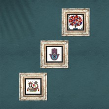 Pinecone Fatma Ana Eli (Hamsa), Şahmeran, Nar Ağacı Taş Duvar Tablosu Çerçeveli Duvar Dekoru 3 Parça Tablo Seti Wall Art T3-74