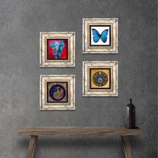 Pinecone Stone Kelebek, Fil, Tavus Kuşu, Nazar Çerçeveli Taş Duvar Tablosu 4’lü Set - Dekoratif Modern Sanat, Ev ve Ofis Dekoru |TK4-336|