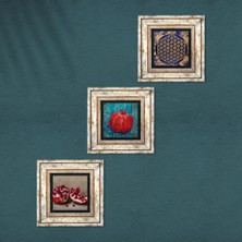 Pinecone Yaşam Çiçeği, Nar Taş Duvar Tablosu Çerçeveli Duvar Dekoru 3 Parça Tablo Seti Wall Art T3-816