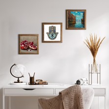 Pinecone Stone Claude Monet Sonbahar, Nar, Fatma Ana Eli (Hamsa) Ahşap Çerçeveli Taş Duvar Tablosu 3’lü Set – 25x25 cm Dekoratif Modern Sanat – Ev ve Ofis Dekoru |W3-765|
