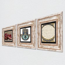 Pinecone Hilye-i Şerif, Nar, Fatma Ana Eli (Hamsa) Taş Duvar Tablosu Çerçeveli Duvar Dekoru 3 Parça Tablo Seti Wall Art T3-716