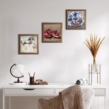 Pinecone Stone Çini Sanatı Yelkenli Gemi, Da Vinci At Heykeli, Nar Ahşap Çerçeveli Taş Duvar Tablosu 3’lü Set – 25x25 cm Dekoratif Modern Sanat – Ev ve Ofis Dekoru |W3-1315|
