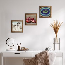Pinecone Nazar, Leonardo da Vinci At Heykeli, Nar Taş Duvar Tablosu Ahşap Çerçeveli Duvar Dekoru 3 Parça Tablo Seti Wall Art W3-1323