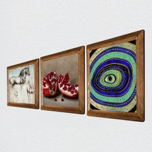 Pinecone Nazar, Leonardo da Vinci At Heykeli, Nar Taş Duvar Tablosu Ahşap Çerçeveli Duvar Dekoru 3 Parça Tablo Seti Wall Art W3-1323