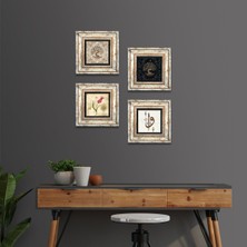 Pinecone Stone Elif Vav, Lale, Hayat Ağacı Çerçeveli Taş Duvar Tablosu 4’lü Set - Dekoratif Modern Sanat, Ev ve Ofis Dekoru |TK4-353|