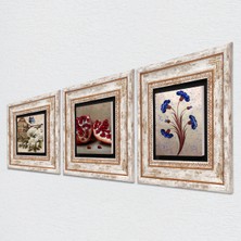 Pinecone Ebru Sanatı, Kelebekli Çiçek, Nar Taş Duvar Tablosu Çerçeveli Duvar Dekoru 3 Parça Tablo Seti Wall Art T3-1105