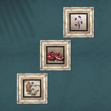 Pinecone Ebru Sanatı, Kelebekli Çiçek, Nar Taş Duvar Tablosu Çerçeveli Duvar Dekoru 3 Parça Tablo Seti Wall Art T3-1105