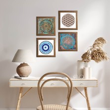 Pinecone Stone Nazar, Yaşam Çiçeği Ahşap Çerçeveli Taş Duvar Tablosu 4’lü Set – 25x25 cm Dekoratif Modern Sanat – Ev ve Ofis Dekoru |W4-837|