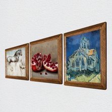 Pinecone Van Gogh Kilise, Leonardo da Vinci At Heykeli, Nar Taş Duvar Tablosu Ahşap Çerçeveli Duvar Dekoru 3 Parça Tablo Seti Wall Art W3-1344