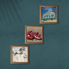 Pinecone Van Gogh Kilise, Leonardo da Vinci At Heykeli, Nar Taş Duvar Tablosu Ahşap Çerçeveli Duvar Dekoru 3 Parça Tablo Seti Wall Art W3-1344