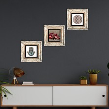 Pinecone Stone Yaşam Çiçeği, Nar, Fatma Ana Eli (Hamsa) Çerçeveli Taş Duvar Tablosu 3’lü Set - Dekoratif Modern Sanat, Ev ve Ofis Dekoru |TK3-742|