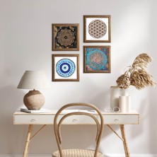 Pinecone Stone Nazar, Sri Yantra, Yaşam Çiçeği Ahşap Çerçeveli Taş Duvar Tablosu 4’lü Set – 25x25 cm Dekoratif Modern Sanat – Ev ve Ofis Dekoru |W4-840|