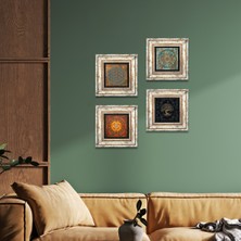 Pinecone Stone Yaşam Çiçeği, Sri Yantra, Hayat Ağacı Çerçeveli Taş Duvar Tablosu 4’lü Set - Dekoratif Modern Sanat, Ev ve Ofis Dekoru |TK4-515|