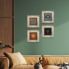 Pinecone Stone Yaşam Çiçeği, Nazar, Sri Yantra, Hayat Ağacı Çerçeveli Taş Duvar Tablosu 4’lü Set - Dekoratif Modern Sanat, Ev ve Ofis Dekoru |TK4-522|