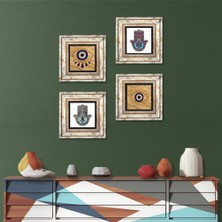 Pinecone Stone Nazar, Fatma Ana Eli (Hamsa) Çerçeveli Taş Duvar Tablosu 4’lü Set - Dekoratif Modern Sanat, Ev ve Ofis Dekoru |TK4-1483|