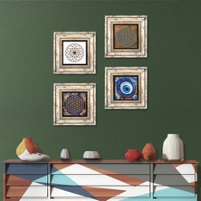 Pinecone Stone Nazar, Yaşam Çiçeği Çerçeveli Taş Duvar Tablosu 4’lü Set - Dekoratif Modern Sanat, Ev ve Ofis Dekoru |TK4-1596|