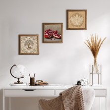 Pinecone Stone Lotus Çiçeği, Hayat Ağacı, Nar Ahşap Çerçeveli Taş Duvar Tablosu 3’lü Set – 25x25 cm Dekoratif Modern Sanat – Ev ve Ofis Dekoru |W3-927|