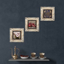 Pinecone Stone Yaşam Çiçeği, Kelebekli Çiçek, Nar Çerçeveli Taş Duvar Tablosu 3’lü Set - Dekoratif Modern Sanat, Ev ve Ofis Dekoru |TK3-1239|