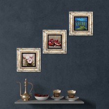 Pinecone Van Gogh Ren Nehri, Kelebekli Çiçek, Nar Taş Duvar Tablosu Çerçeveli Duvar Dekoru 3 Parça Tablo Seti Wall Art T3-1274