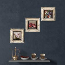 Pinecone Stone Picasso Ayna Karşısındaki Kız, Kelebekli Çiçek, Nar Çerçeveli Taş Duvar Tablosu 3’lü Set - Dekoratif Modern Sanat, Ev ve Ofis Dekoru |TK3-1275|