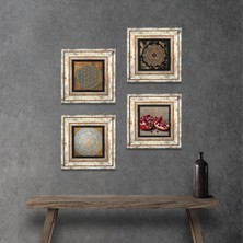 Pinecone Stone Yaşam Çiçeği, Sri Yantra, Nar Çerçeveli Taş Duvar Tablosu 4’lü Set - Dekoratif Modern Sanat, Ev ve Ofis Dekoru |TK4-553|