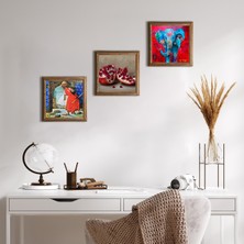 Pinecone Stone Fil, Kaplumbağa Terbiyecisi, Nar Ahşap Çerçeveli Taş Duvar Tablosu 3’lü Set – 25x25 cm Dekoratif Modern Sanat – Ev ve Ofis Dekoru |W3-1558|