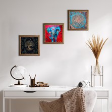 Pinecone Stone Fil, Yaşam Çiçeği, Hayat Ağacı Ahşap Çerçeveli Taş Duvar Tablosu 3’lü Set – 25x25 cm Dekoratif Modern Sanat – Ev ve Ofis Dekoru |W3-157|