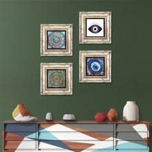 Pinecone Stone Nazar, Mandala, Yaşam Çiçeği Çerçeveli Taş Duvar Tablosu 4’lü Set - Dekoratif Modern Sanat, Ev ve Ofis Dekoru |TK4-1628|