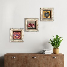 Pinecone Stone Mandala, Nazar, Nar Çerçeveli Taş Duvar Tablosu 3’lü Set - Dekoratif Modern Sanat, Ev ve Ofis Dekoru |TK3-1616|