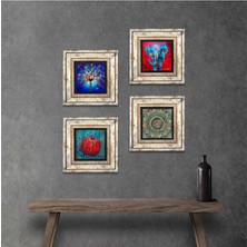 Pinecone Stone Mandala, Fil, Hayat Ağacı, Nar Çerçeveli Taş Duvar Tablosu 4’lü Set - Dekoratif Modern Sanat, Ev ve Ofis Dekoru |TK4-869|