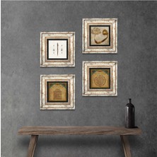 Pinecone Stone Vav, Elif, Bereket Duası, Ayet-el Kürsi Çerçeveli Taş Duvar Tablosu 4’lü Set - Dekoratif Modern Sanat, Ev ve Ofis Dekoru |TK4-927|