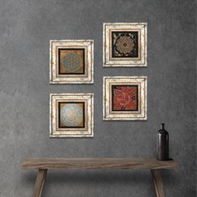 Pinecone Stone Yaşam Çiçeği, Sri Yantra, Desen Çerçeveli Taş Duvar Tablosu 4’lü Set - Dekoratif Modern Sanat, Ev ve Ofis Dekoru |TK4-556|
