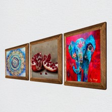 Pinecone Mandala, Fil, Nar Taş Duvar Tablosu Ahşap Çerçeveli Duvar Dekoru 3 Parça Tablo Seti Wall Art W3-1688