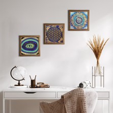 Pinecone Stone Mandala, Nazar, Yaşam Çiçeği Ahşap Çerçeveli Taş Duvar Tablosu 3’lü Set – 25x25 cm Dekoratif Modern Sanat – Ev ve Ofis Dekoru |W3-334|