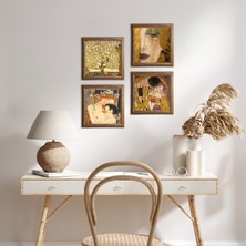 Pinecone Gustav Klimt Altın Gözyaşları, Anne Çocuk, Öpücük, Hayat Ağacı Taş Duvar Tablosu Ahşap Çerçeveli Duvar Dekoru 4 Parça Tablo Seti Wall Art W4-05