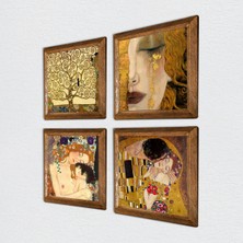 Pinecone Gustav Klimt Altın Gözyaşları, Anne Çocuk, Öpücük, Hayat Ağacı Taş Duvar Tablosu Ahşap Çerçeveli Duvar Dekoru 4 Parça Tablo Seti Wall Art W4-05