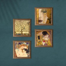 Pinecone Gustav Klimt Altın Gözyaşları, Anne Çocuk, Öpücük, Hayat Ağacı Taş Duvar Tablosu Ahşap Çerçeveli Duvar Dekoru 4 Parça Tablo Seti Wall Art W4-05