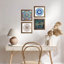 Pinecone Stone Mandala, Nazar, Sri Yantra Ahşap Çerçeveli Taş Duvar Tablosu 4’lü Set – 25x25 cm Dekoratif Modern Sanat – Ev ve Ofis Dekoru |W4-1006|