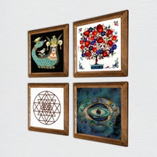 Pinecone Nazar, Sri Yantra, Şahmeran, Nar Ağacı Taş Duvar Tablosu Ahşap Çerçeveli Duvar Dekoru 4 Parça Tablo Seti Wall Art W4-1011