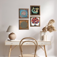 Pinecone Stone Yaşam Çiçeği, Şahmeran, Nar Ağacı Ahşap Çerçeveli Taş Duvar Tablosu 4’lü Set – 25x25 cm Dekoratif Modern Sanat – Ev ve Ofis Dekoru |W4-441|