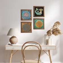 Pinecone Stone Yaşam Çiçeği, Lotus Çiçeği, Şahmeran Ahşap Çerçeveli Taş Duvar Tablosu 4’lü Set – 25x25 cm Dekoratif Modern Sanat – Ev ve Ofis Dekoru |W4-477|