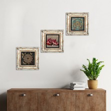 Pinecone Stone Sri Yantra, Yaşam Çiçeği, Nar Çerçeveli Taş Duvar Tablosu 3’lü Set - Dekoratif Modern Sanat, Ev ve Ofis Dekoru |TK3-1653|