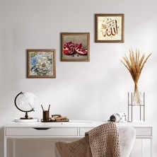 Pinecone Stone Allah Lafzı, Kelebekli Çiçek, Nar Ahşap Çerçeveli Taş Duvar Tablosu 3’lü Set – 25x25 cm Dekoratif Modern Sanat – Ev ve Ofis Dekoru |W3-1152|